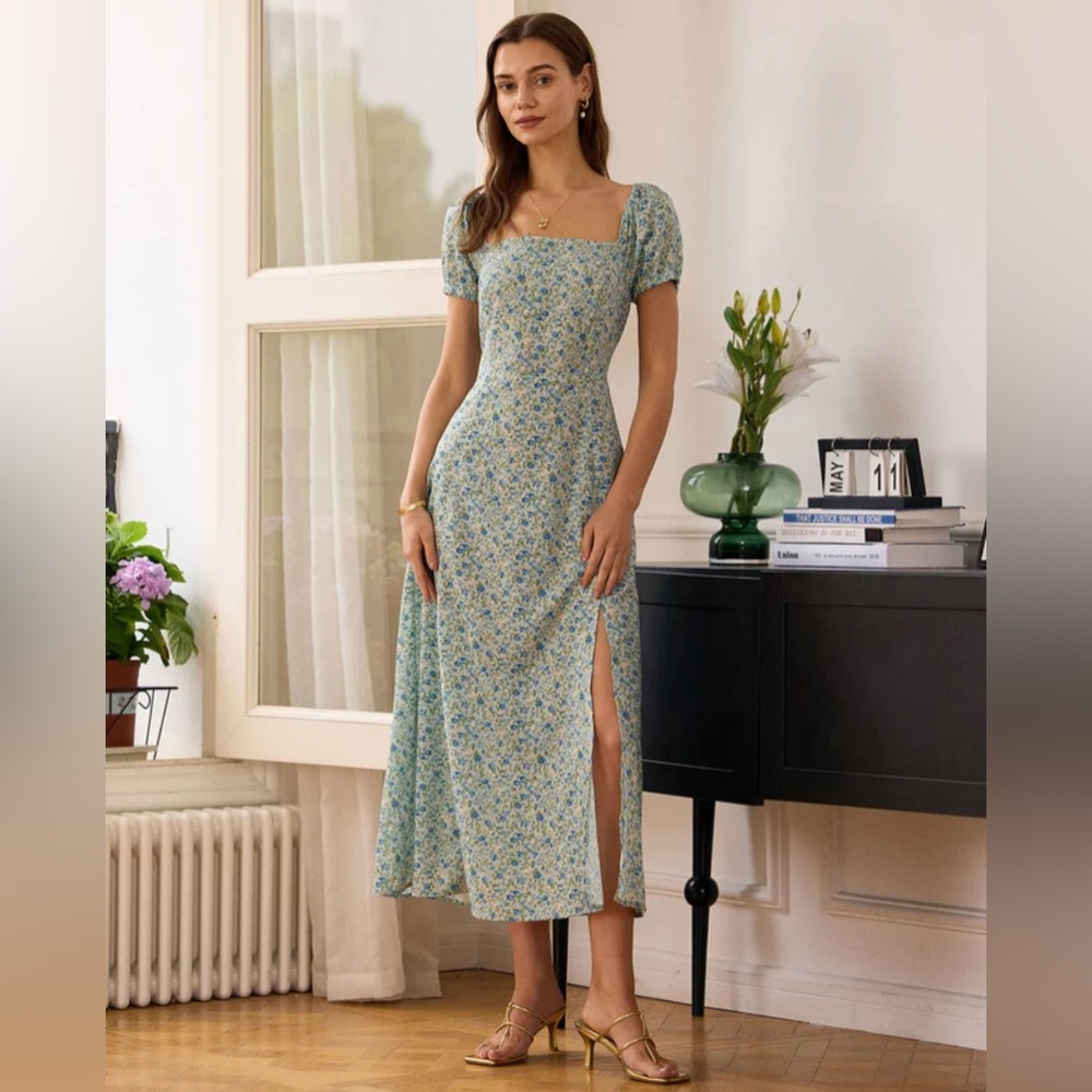 RIHOAS Light Blue Floral Midi Dress with Puff Sleeves